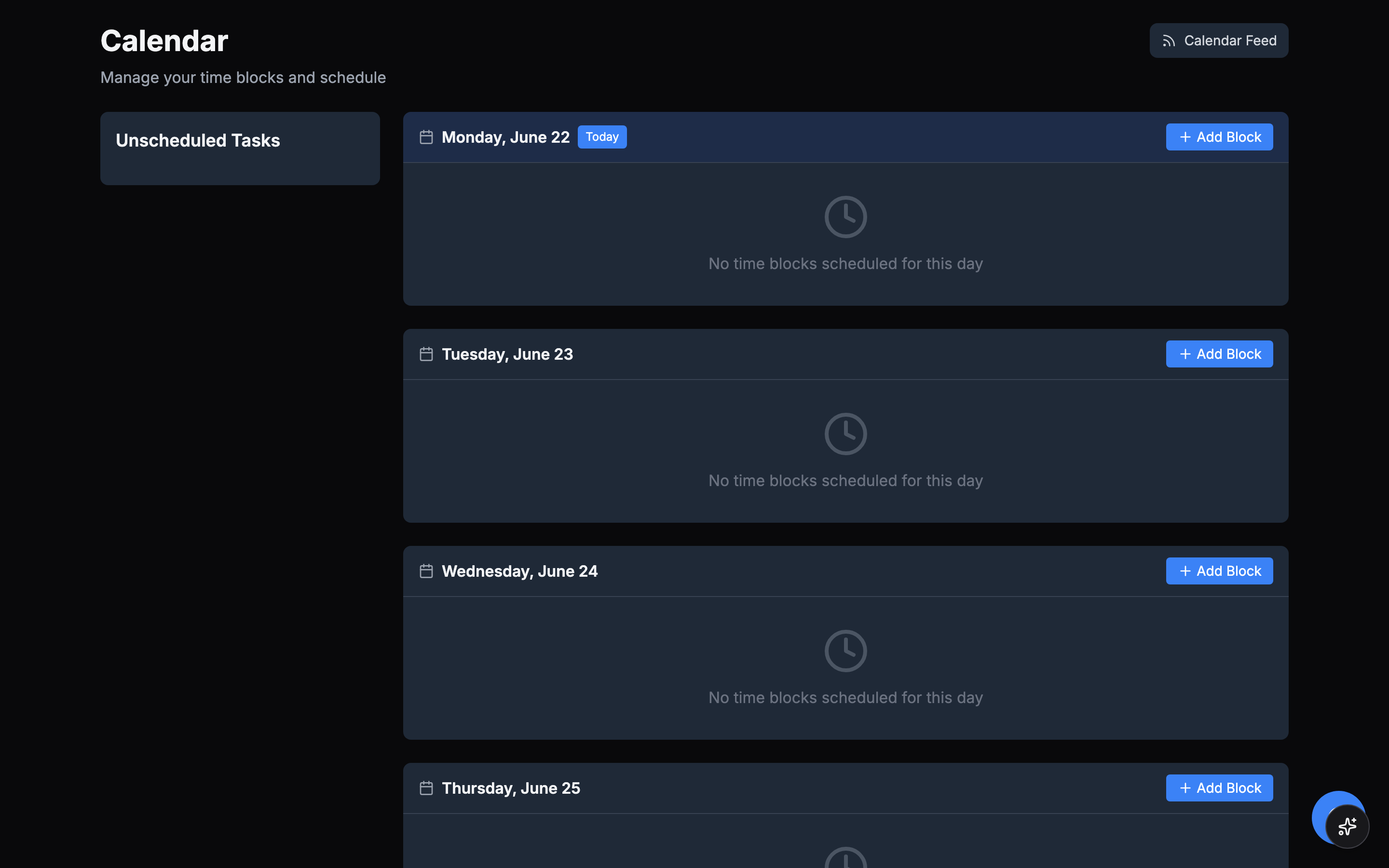 Calendar view with time-blocked tasks